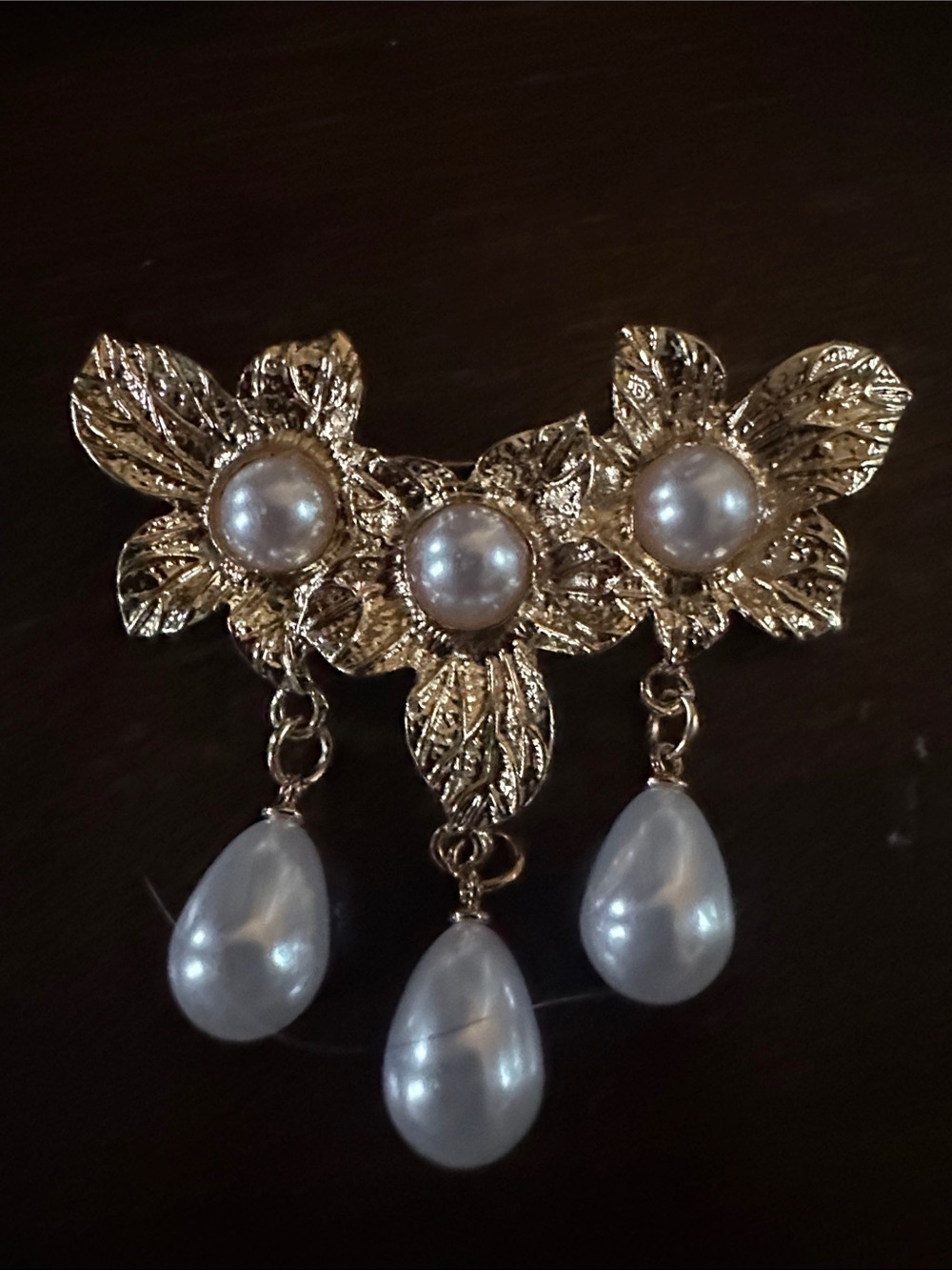 Elegant Gold Flower Trio Pearl Drop Pin